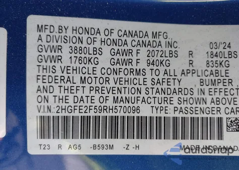 2024 Honda Civic Sport z USA, uszkodzony, nr VIN 2HGFE2F59RH570096